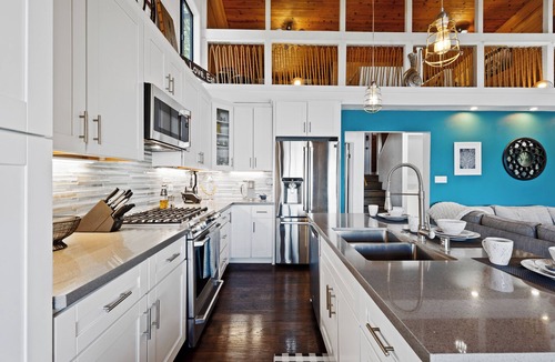 Lower Lake House | Lakefront, 1 King Bed, dock, mist view, electronic firepit