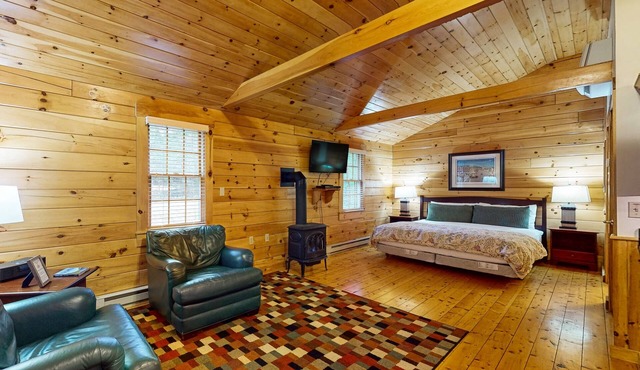 Adventure ready studio cabin with wooded views, fireplace, & AC