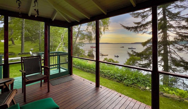 Classic oceanfront cottage and cabin on stunning 8 acres with sunset water views in Harpswell
