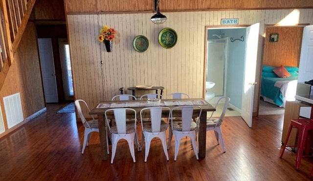 Lockie Lodge, rustic A frame style home with open concept.