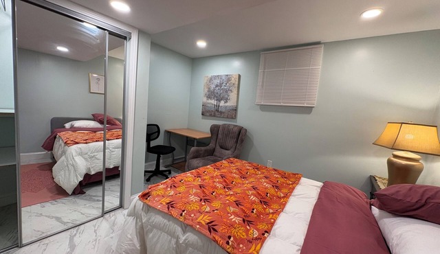 Lower-level, a Double bed, shared bath & kitchen